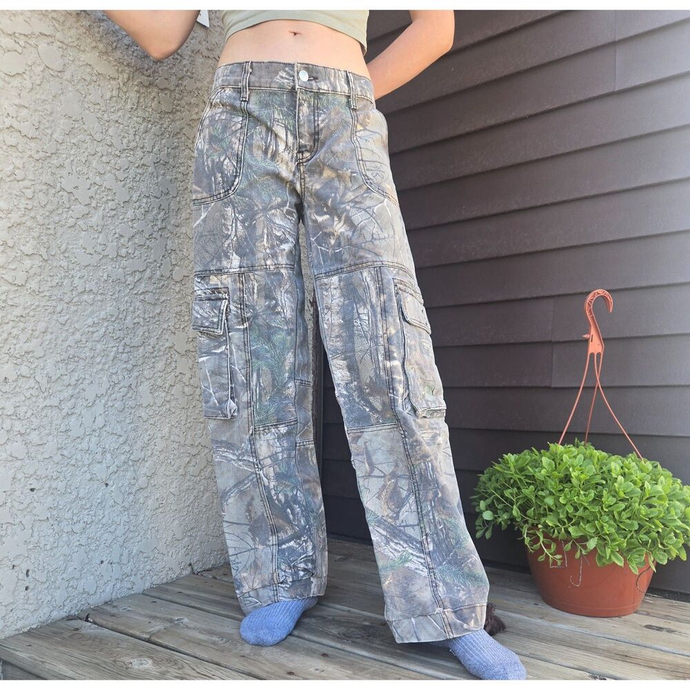 Women's Revice Camo Cargo Baggy Straight Leg Army Denim Jeans Pants